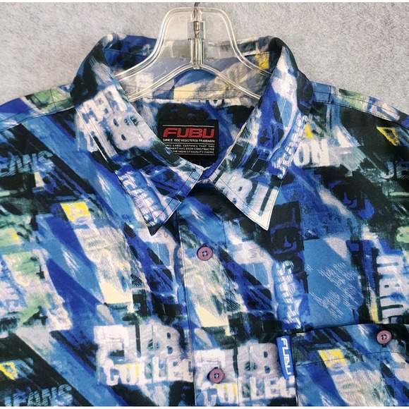 Fubu Hawaiian Camp Shirt Mens 1X Button Up Blue All Over Graphic Print Skater - Picture 4 of 8